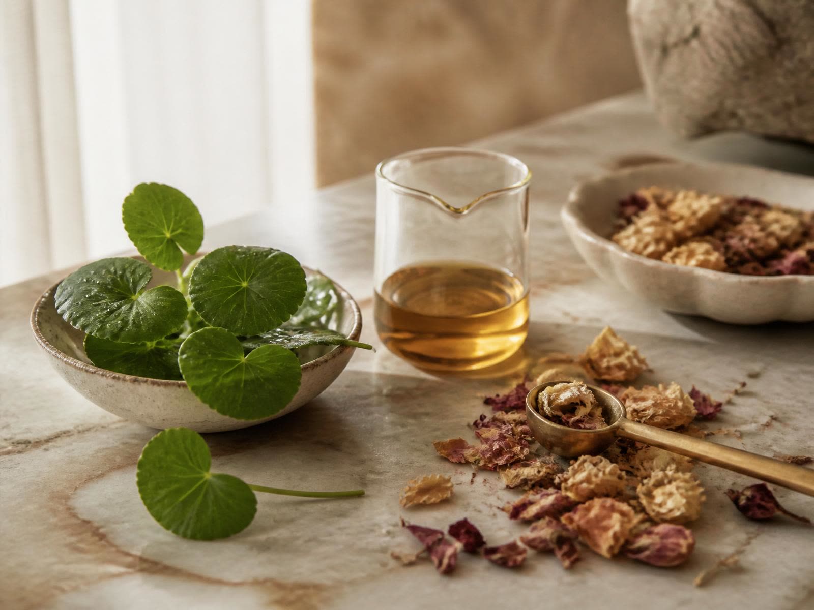 Botanical ingredients arranged on aged marble in soft natural light.