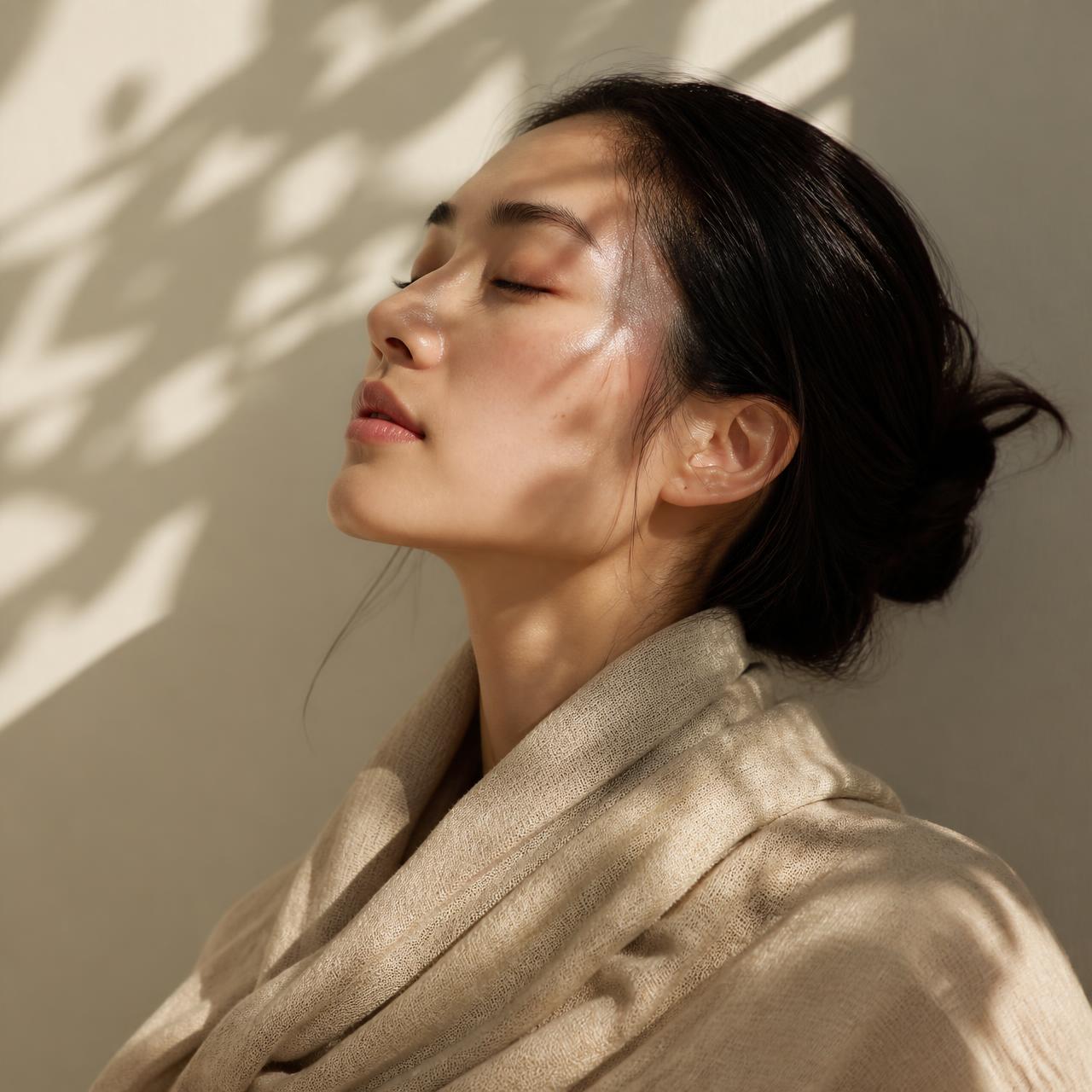A serene woman with eyes closed in soft daylight