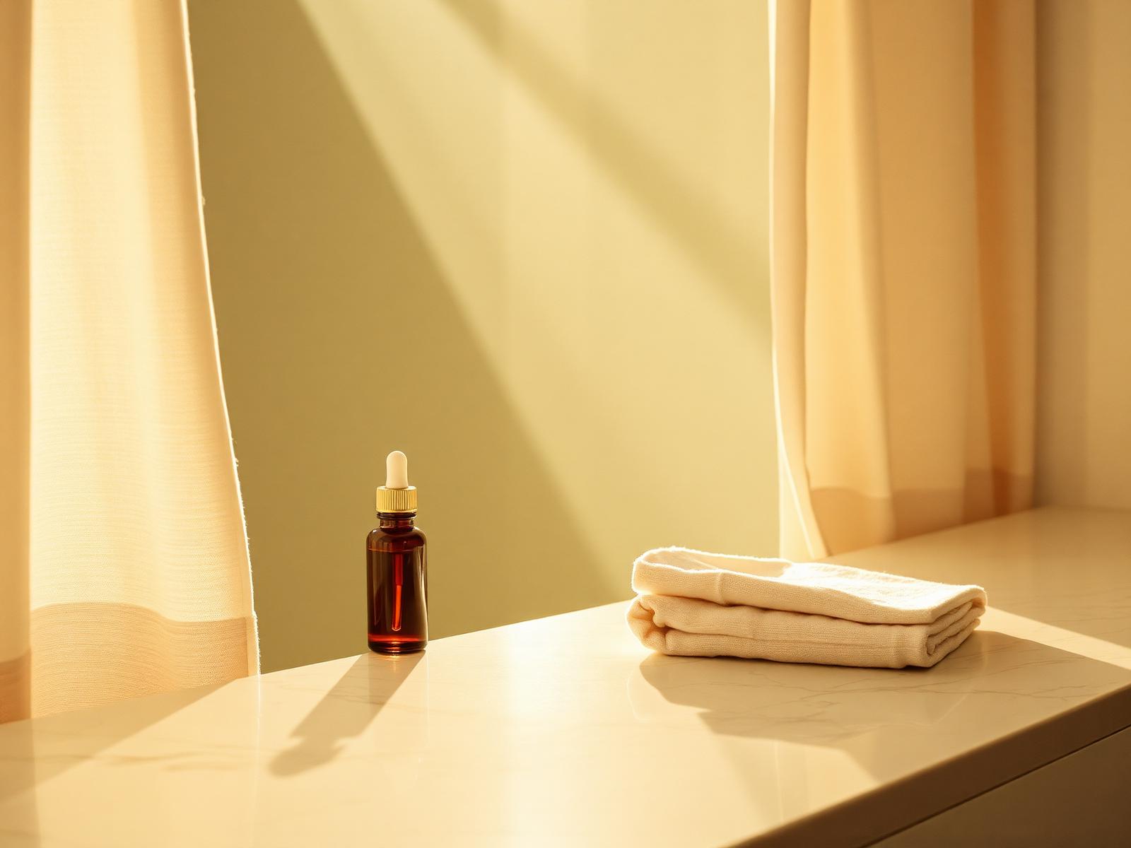 Soft morning light across a marble counter with a glass dropper and folded linen.