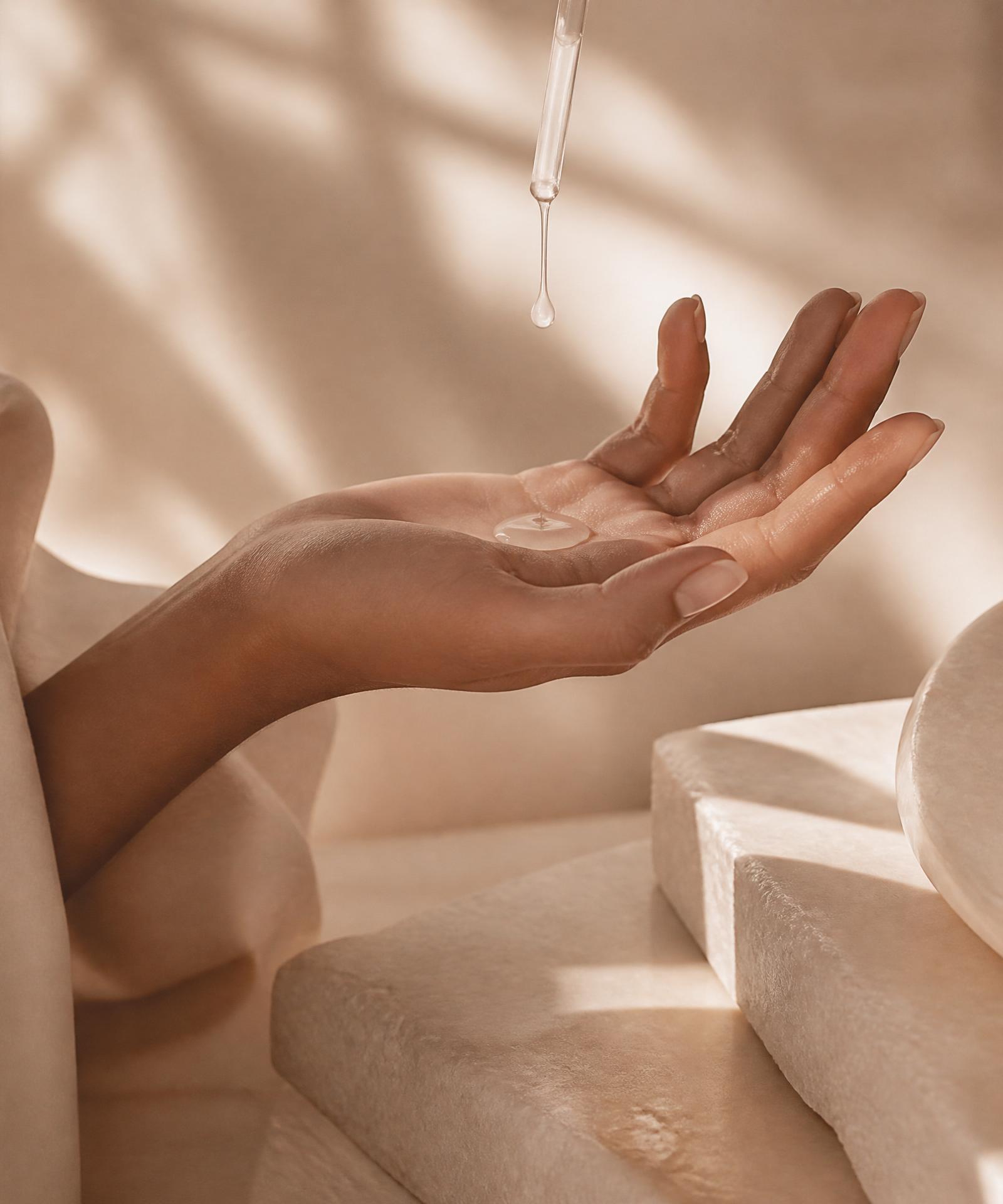A hand receiving a drop of serum in soft natural light.